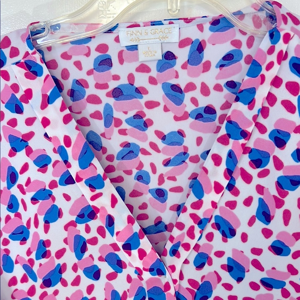 Finn & Grace Pink , Blue & White Patterned Top, v-neck, cross-over front, size L